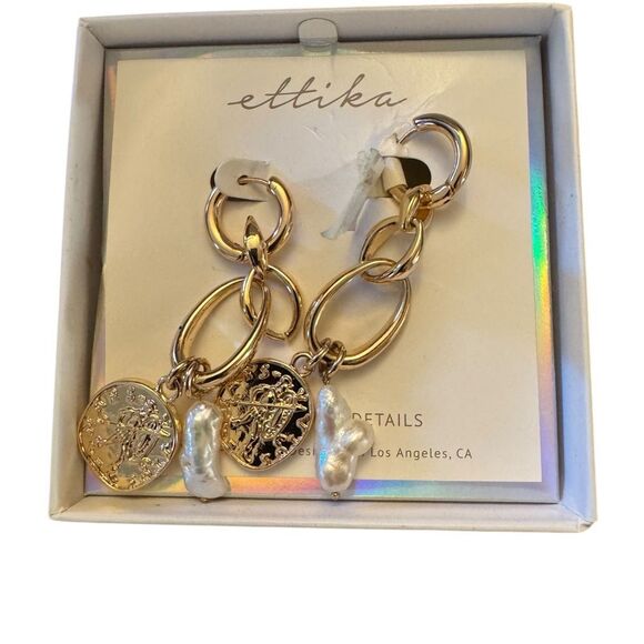 Ettika Gold Coin and Pearl Drop Earrings - Picture 6 of 6